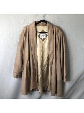 Vintage Remy Coat Womens M Beige Leather Open Front Oversized Old Money USA